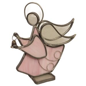 Handmade Pink Stained Glass Angel Playing Harp Tabletop Figure